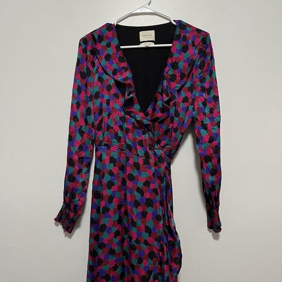 Sezane Asia Silk Wrap Ruffle Midi Maxi Long Sleeve Dress in Printed Mosaic Pink - Picture 2 of 13